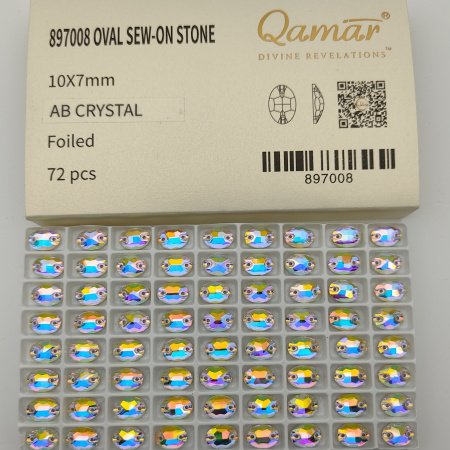 Стразы пришивные Qamar Oval 10x7mm Crystal AB sew-on (упаковка/72шт)